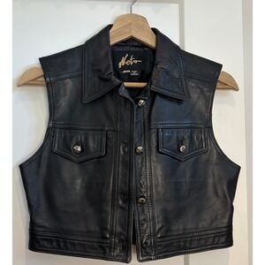 Neto Black Leather Vest Womens Size 4 Made in Canada Cropped Biker Moto Studded